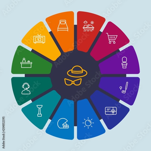 hotel, sports, shopping, travel Infographic Circle outline Icons Set. Contains such Icons as  summer,  television, reception,  cart,  movie, seductive,  hygiene and more. Fully Editable. Pixel Perfect