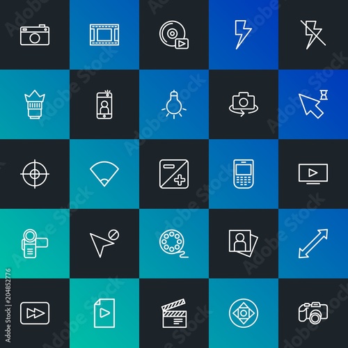 Modern Simple Set of mobile, video, photos, cursors Vector outline Icons. Contains such Icons as play, player, music, dslr and more on dark and gradient background. Fully Editable. Pixel Perfect.
