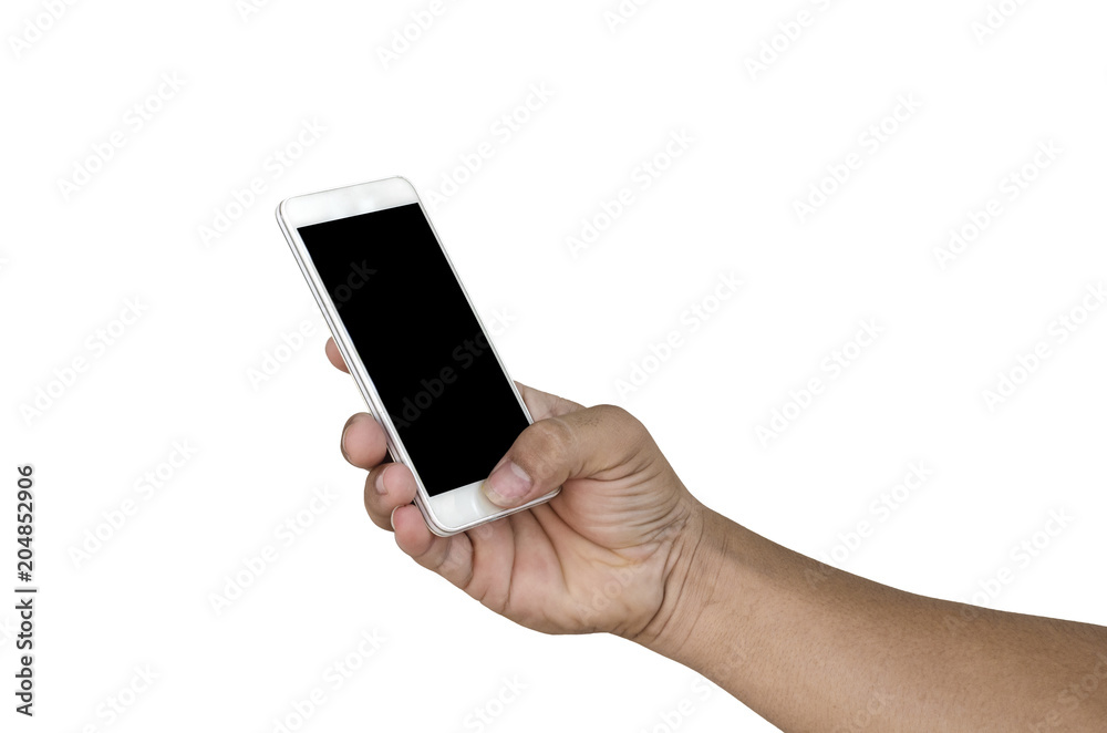 hand holding smartphone isolated on white clipping path inside hand holding smartphone isolated on white clipping path inside