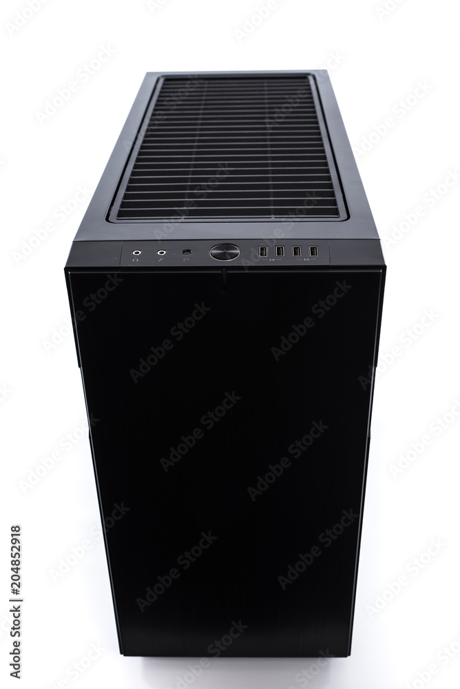 Computer box with hardware Game console behind white background Computer box with hardware Game console behind white background
