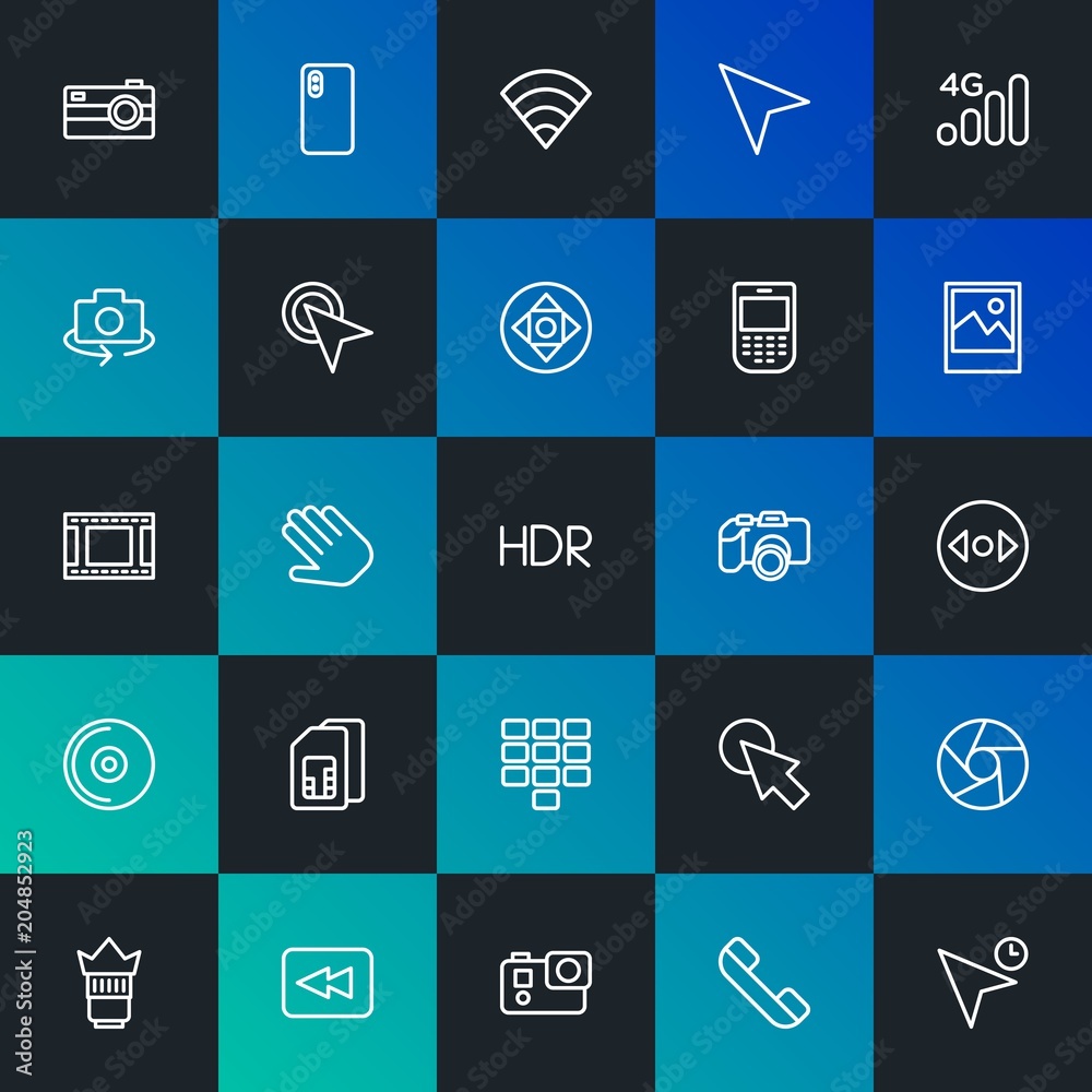 Modern Simple Set of mobile, video, photos, cursors Vector outline Icons. Contains such Icons as capture, call, pointer, lens and more on dark and gradient background. Fully Editable. Pixel Perfect. Modern Simple Set of mobile, video, photos, cursors Vector outline Icons. Contains such Icons as capture, call, pointer, lens and more on dark and gradient background. Fully Editable. Pixel Perfect.