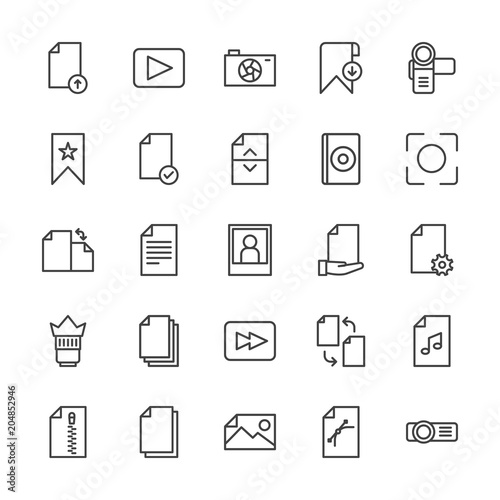 Modern Simple Set of video, photos, bookmarks, files Vector outline Icons. Contains such Icons as business, storage, hand, divider, zip and more on white background. Fully Editable. Pixel Perfect.
