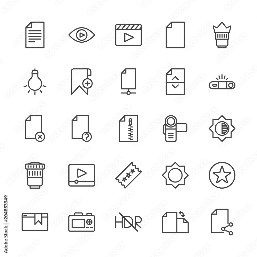 Modern Simple Set of video, photos, bookmarks, files Vector outline Icons. Contains such Icons as camera, lens, data, rotation, travel and more on white background. Fully Editable. Pixel Perfect. Modern Simple Set of video, photos, bookmarks, files Vector outline Icons. Contains such Icons as camera, lens, data, rotation, travel and more on white background. Fully Editable. Pixel Perfect.