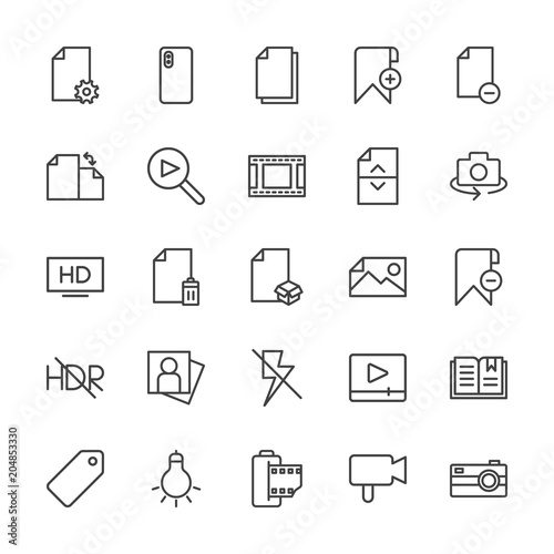 Modern Simple Set of video, photos, bookmarks, files Vector outline Icons. Contains such Icons as button, lightbulb, bulb, camera, lamp and more on white background. Fully Editable. Pixel Perfect.