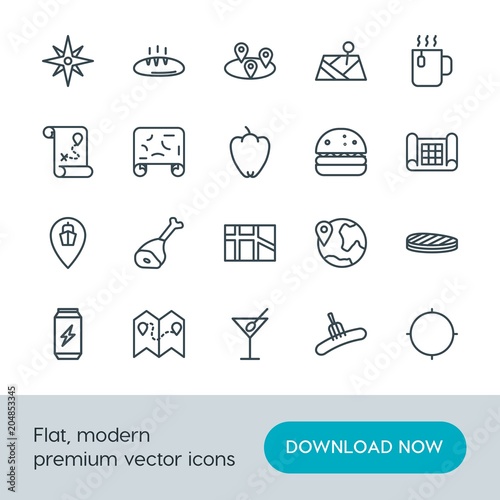 Fototapeta Naklejka Na Ścianę i Meble -  Modern Simple Set of food, location, drinks Vector outline Icons. Contains such Icons as  arrow,  meat, food, cup,  energy,  closeup, map and more on white background. Fully Editable. Pixel Perfect.