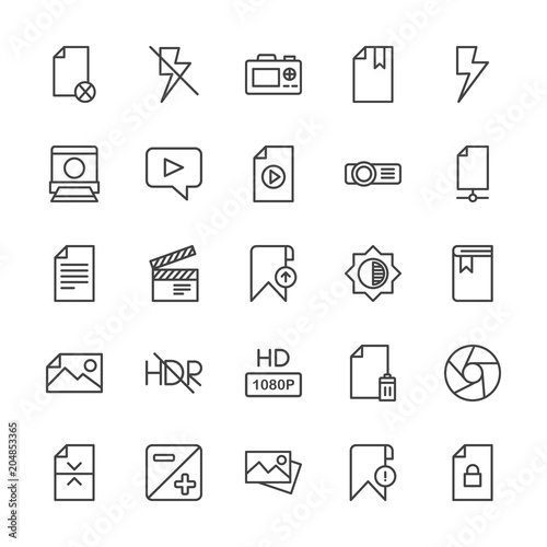 Modern Simple Set of video, photos, bookmarks, files Vector outline Icons. Contains such Icons as multimedia, bookmark, lightning,  divider and more on white background. Fully Editable. Pixel Perfect. © djvectors