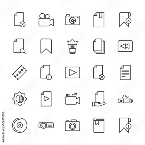 Modern Simple Set of video, photos, bookmarks, files Vector outline Icons. Contains such Icons as book, book, internet, education, camera and more on white background. Fully Editable. Pixel Perfect.