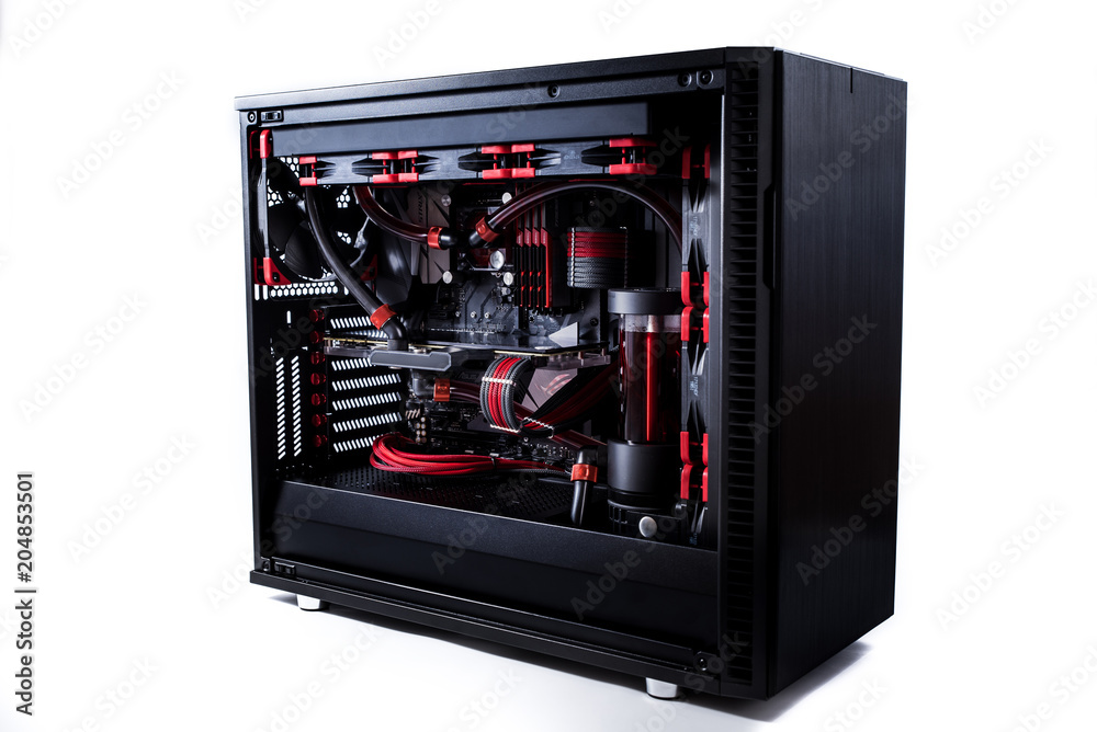 Open computer with water cooling system, processor, graphics card, motherboard fan Game console behind white background Open computer with water cooling system, processor, graphics card, motherboard fan Game console behind white background