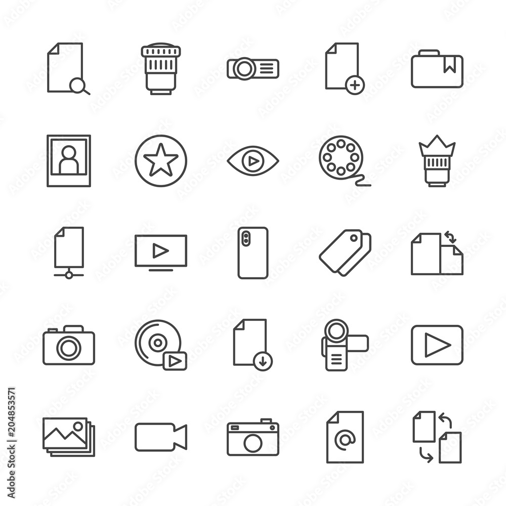 Modern Simple Set of video, photos, bookmarks, files Vector outline Icons. Contains such Icons as lens,  new,  hand, mail,  photo,  media and more on white background. Fully Editable. Pixel Perfect.