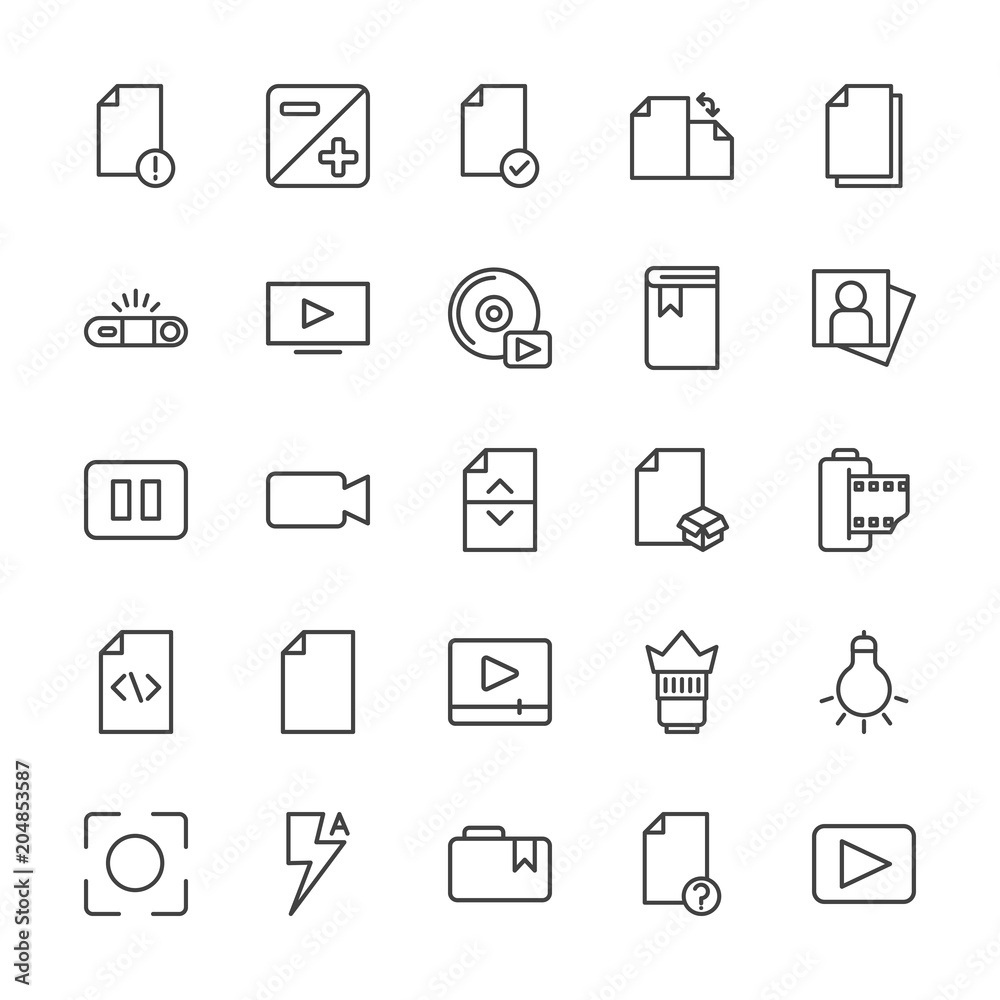 Modern Simple Set of video, photos, bookmarks, files Vector outline Icons. Contains such Icons as  people,  objective, hidden,  secret and more on white background. Fully Editable. Pixel Perfect.