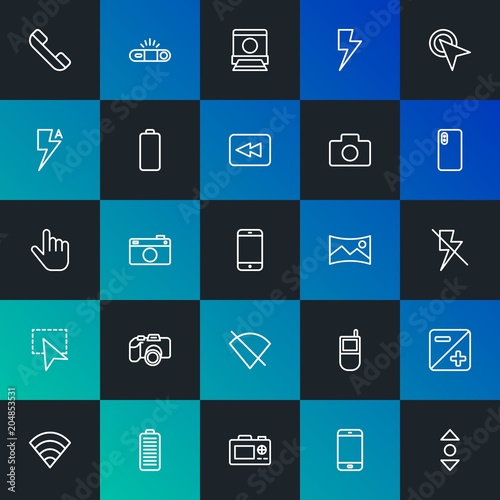 Modern Simple Set of mobile, video, photos, cursors Vector outline Icons. Contains such Icons as internet, web, phone, shot and more on dark and gradient background. Fully Editable. Pixel Perfect.