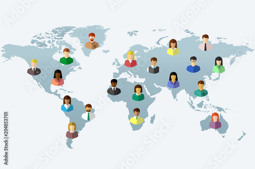 Diverse people and world map concept in flat design