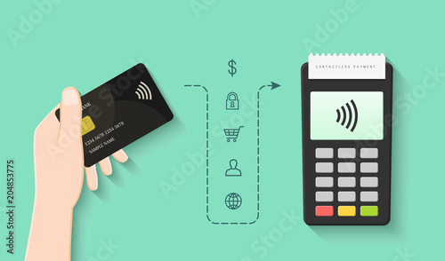 Contactless payment concept with hand holding card and POS terminal in flat design