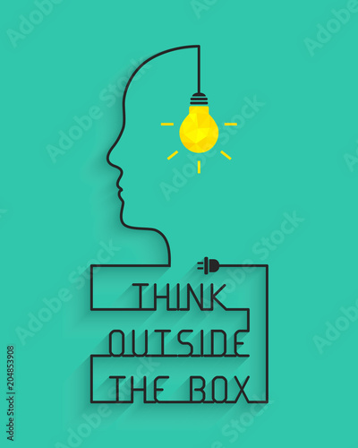 Think outside the box concept with light bulb and head silhouette. Wire forming the saying and box itself.