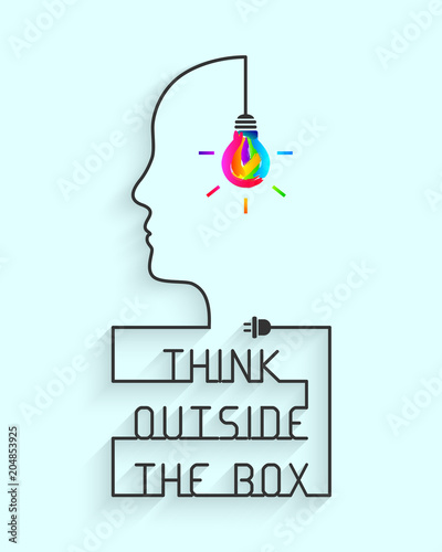 Think outside the box concept with saying and colorful lightbulb. Wire forming head profile silhouette.