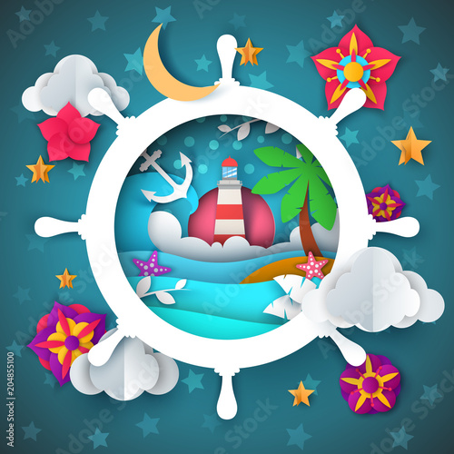 Handwheel, steering wheel, island, palm, light house - paper illustration Vector eps10