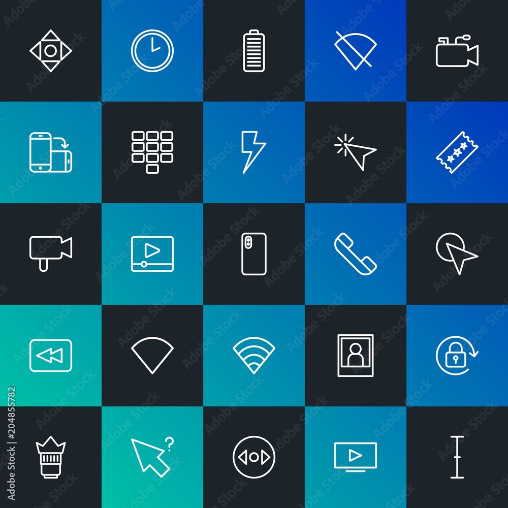 Modern Simple Set of mobile, video, photos, cursors Vector outline Icons. Contains such Icons as play, picture, time, no and more on dark and gradient background. Fully Editable. Pixel Perfect. Modern Simple Set of mobile, video, photos, cursors Vector outline Icons. Contains such Icons as play, picture, time, no and more on dark and gradient background. Fully Editable. Pixel Perfect.