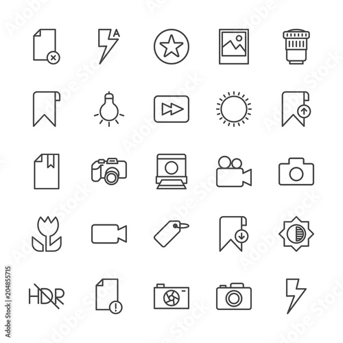 Modern Simple Set of video, photos, bookmarks, files Vector outline Icons. Contains such Icons as error, dark, camera, camera, delete and more on white background. Fully Editable. Pixel Perfect.