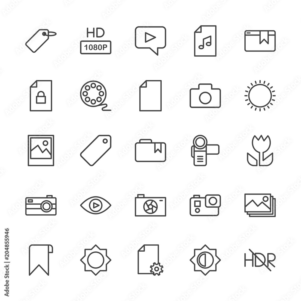 Modern Simple Set of video, photos, bookmarks, files Vector outline Icons. Contains such Icons as  mark, file,  sky,  label,  high,  bright and more on white background. Fully Editable. Pixel Perfect.