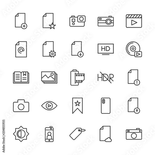 Modern Simple Set of video, photos, bookmarks, files Vector outline Icons. Contains such Icons as picture, camera, mobile, cameraman and more on white background. Fully Editable. Pixel Perfect.
