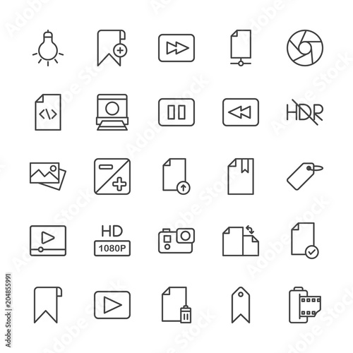 Modern Simple Set of video, photos, bookmarks, files Vector outline Icons. Contains such Icons as scroll, system, bulb, iso, photo, add and more on white background. Fully Editable. Pixel Perfect.