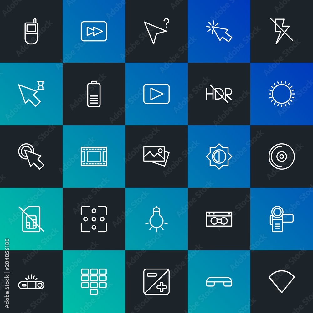 Modern Simple Set of mobile, video, photos, cursors Vector outline Icons. Contains such Icons as  digital,  cassette, camera and more on dark and gradient background. Fully Editable. Pixel Perfect.