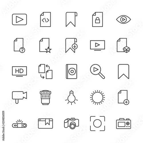 Modern Simple Set of video, photos, bookmarks, files Vector outline Icons. Contains such Icons as sunny, file, movie, bookmark, system and more on white background. Fully Editable. Pixel Perfect.