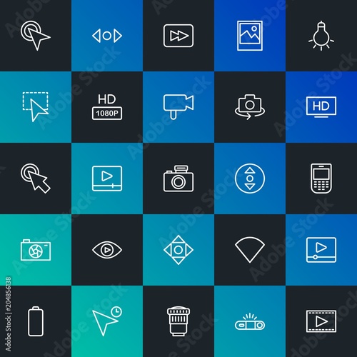 Modern Simple Set of mobile, video, photos, cursors Vector outline Icons. Contains such Icons as wireless, media, camera, no and more on dark and gradient background. Fully Editable. Pixel Perfect.