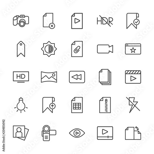 Modern Simple Set of video, photos, bookmarks, files Vector outline Icons. Contains such Icons as camera, nature, rotation, cinema, hdr and more on white background. Fully Editable. Pixel Perfect.