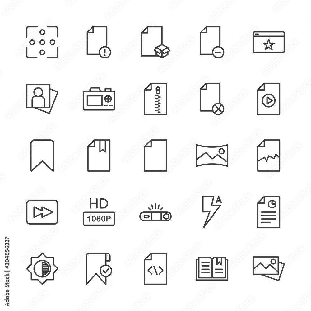 Modern Simple Set of video, photos, bookmarks, files Vector outline Icons. Contains such Icons as portrait,  photo,  open,  computer,  sign and more on white background. Fully Editable. Pixel Perfect.