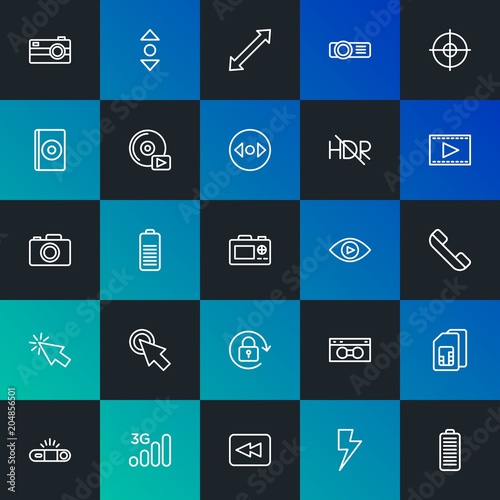 Modern Simple Set of mobile, video, photos, cursors Vector outline Icons. Contains such Icons as cassette, sim, back, video and more on dark and gradient background. Fully Editable. Pixel Perfect.
