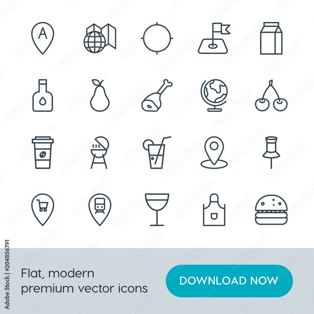 Modern Simple Set of food, location, drinks Vector outline Icons. Contains such Icons as arrow, hamburger, location, meal, apron, bbq and more on white background. Fully Editable. Pixel Perfect. Modern Simple Set of food, location, drinks Vector outline Icons. Contains such Icons as arrow, hamburger, location, meal, apron, bbq and more on white background. Fully Editable. Pixel Perfect.