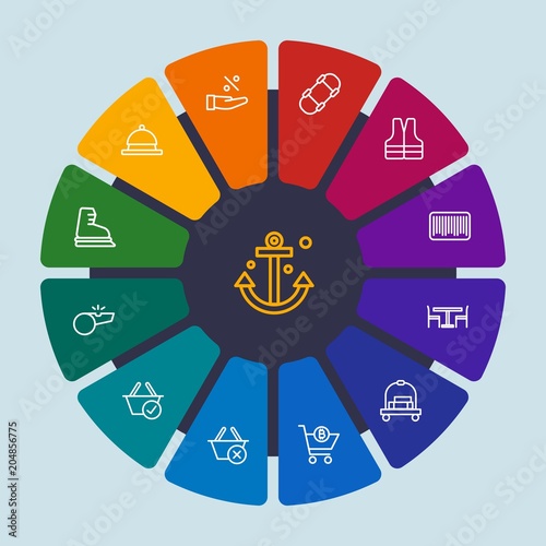 hotel, sports, shopping, travel Infographic Circle outline Icons Set. Contains such Icons as  barcode,  ice,  sport,  water,  jacket,  sale,  fun, food,  board and more. Fully Editable. Pixel Perfect