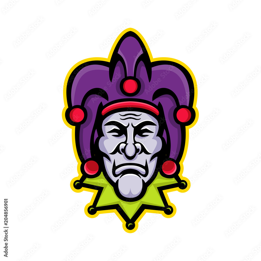 Mascot icon illustration of head of a jester, court jester, or fool, historically an entertainer during the medieval and Renaissance eras viewed from front on isolated background in retro style.