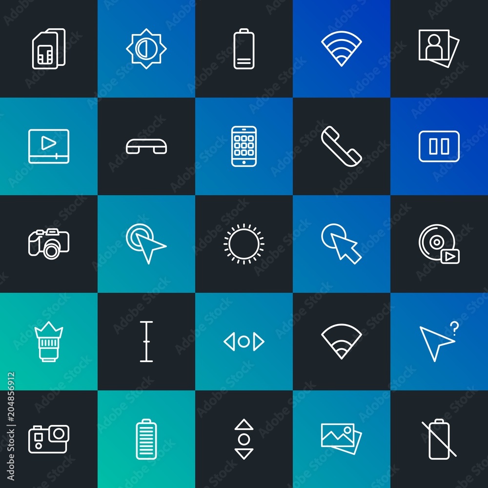 Modern Simple Set of mobile, video, photos, cursors Vector outline Icons. Contains such Icons as  phone,  flash, image,  double and more on dark and gradient background. Fully Editable. Pixel Perfect.