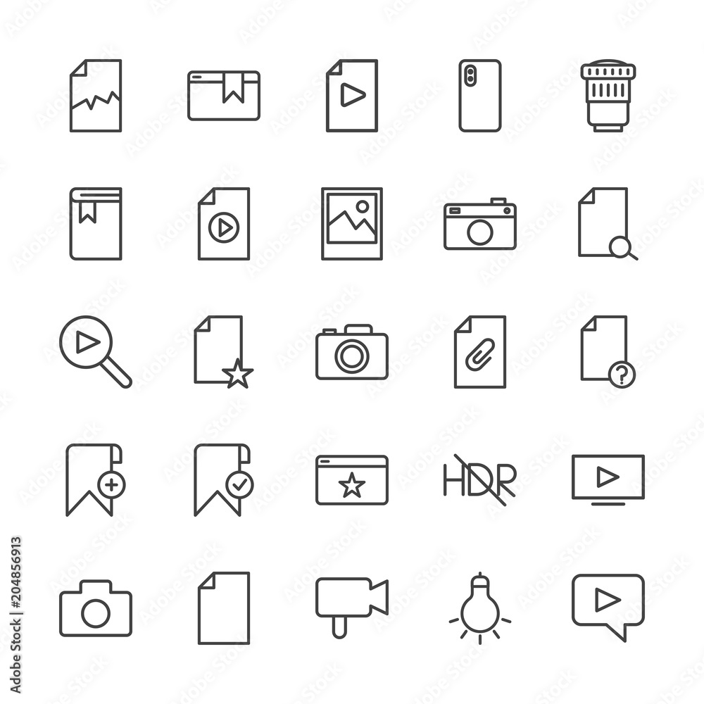 Modern Simple Set of video, photos, bookmarks, files Vector outline Icons. Contains such Icons as  corrupt,  lightbulb,  equipment,  data and more on white background. Fully Editable. Pixel Perfect.