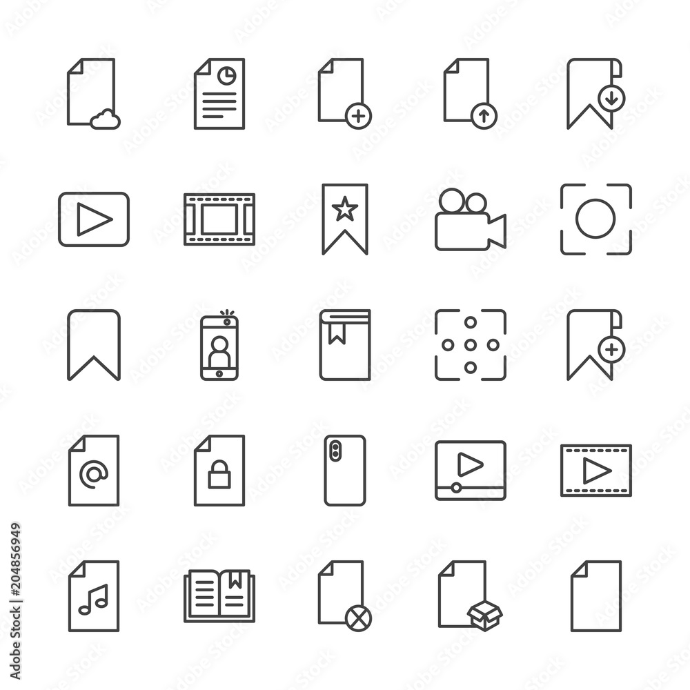 Modern Simple Set of video, photos, bookmarks, files Vector outline Icons. Contains such Icons as page, bookmark, open, play, paper and more on white background. Fully Editable. Pixel Perfect. Modern Simple Set of video, photos, bookmarks, files Vector outline Icons. Contains such Icons as page, bookmark, open, play, paper and more on white background. Fully Editable. Pixel Perfect.
