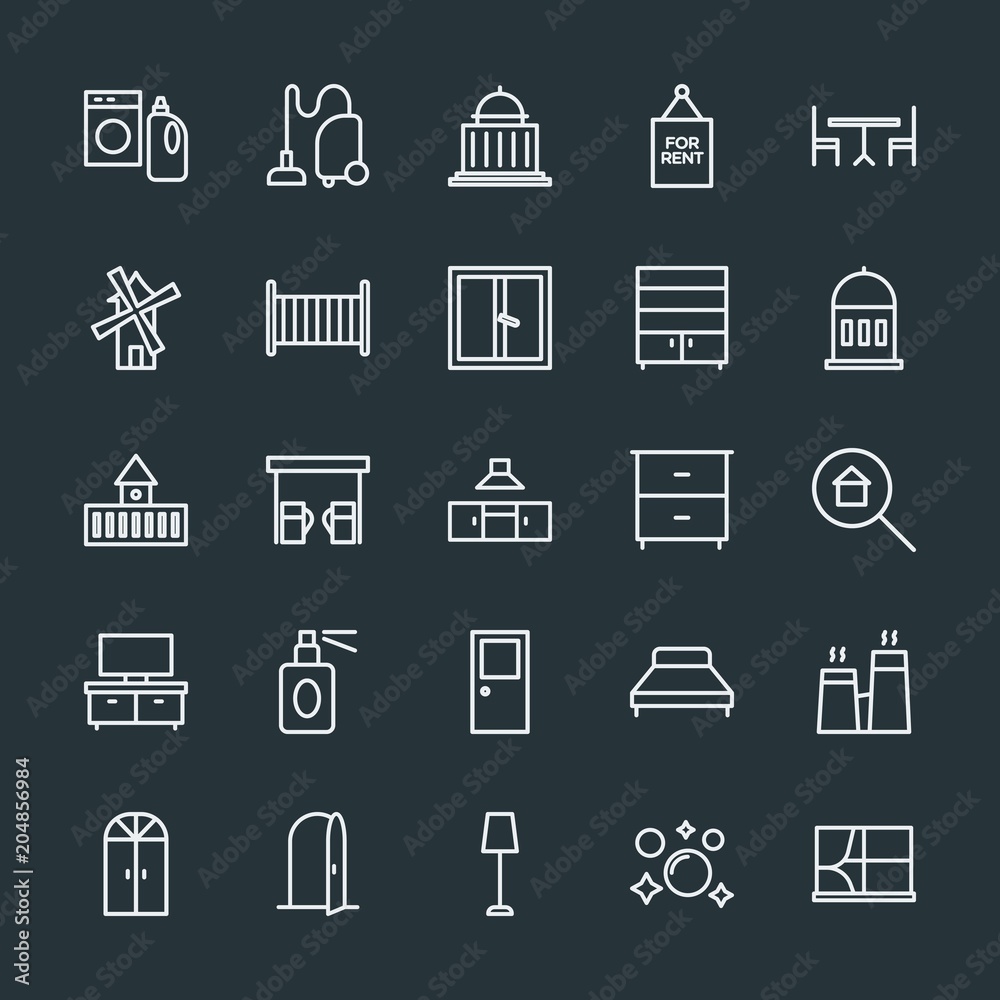 Modern Simple Set of buildings, furniture, housekeeping Vector outline Icons. Contains such Icons as government,  bed,  domestic,  entrance and more on dark background. Fully Editable. Pixel Perfect.