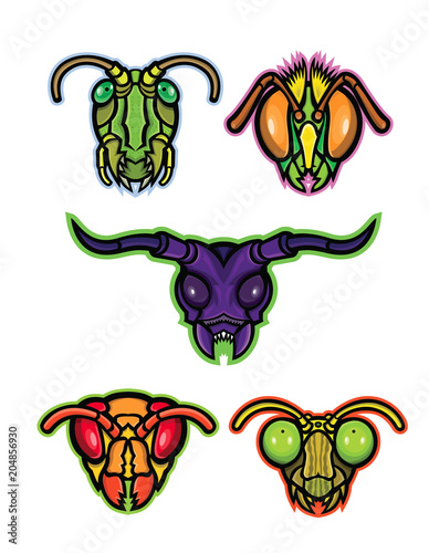 Mascot icon illustration set of heads of insects like grasshopper, cricket or locust, honey bee or bumblebee, long-horned beetle, hornet or wasp and praying mantis viewed from front done in retro styl