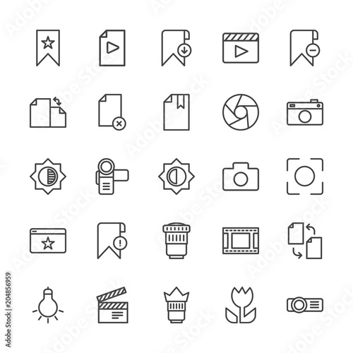 Modern Simple Set of video, photos, bookmarks, files Vector outline Icons. Contains such Icons as download, technology, camera, camera, and more on white background. Fully Editable. Pixel Perfect.
