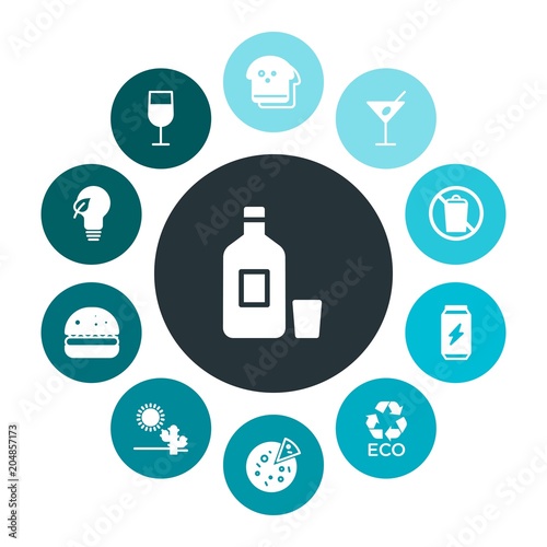 food, nature, drinks Infographic Colorful fill Icons Set. Contains such Icons as  eco,  environment,  meal,  alcohol,  whiskey, can,  recycle,  garbage,  waste and more. Fully Editable. Pixel Perfect