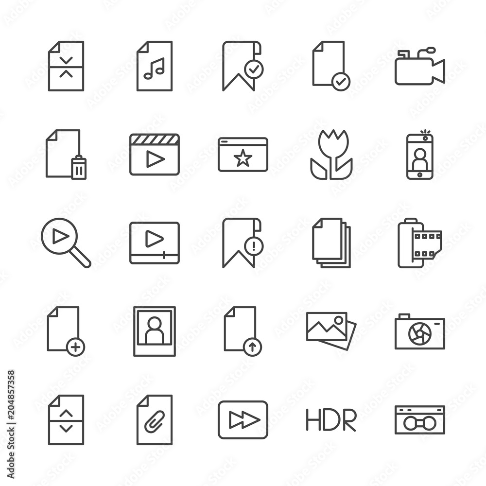 Modern Simple Set of video, photos, bookmarks, files Vector outline Icons. Contains such Icons as  vhs,  data, rewind,  retro,  paper,  old and more on white background. Fully Editable. Pixel Perfect.