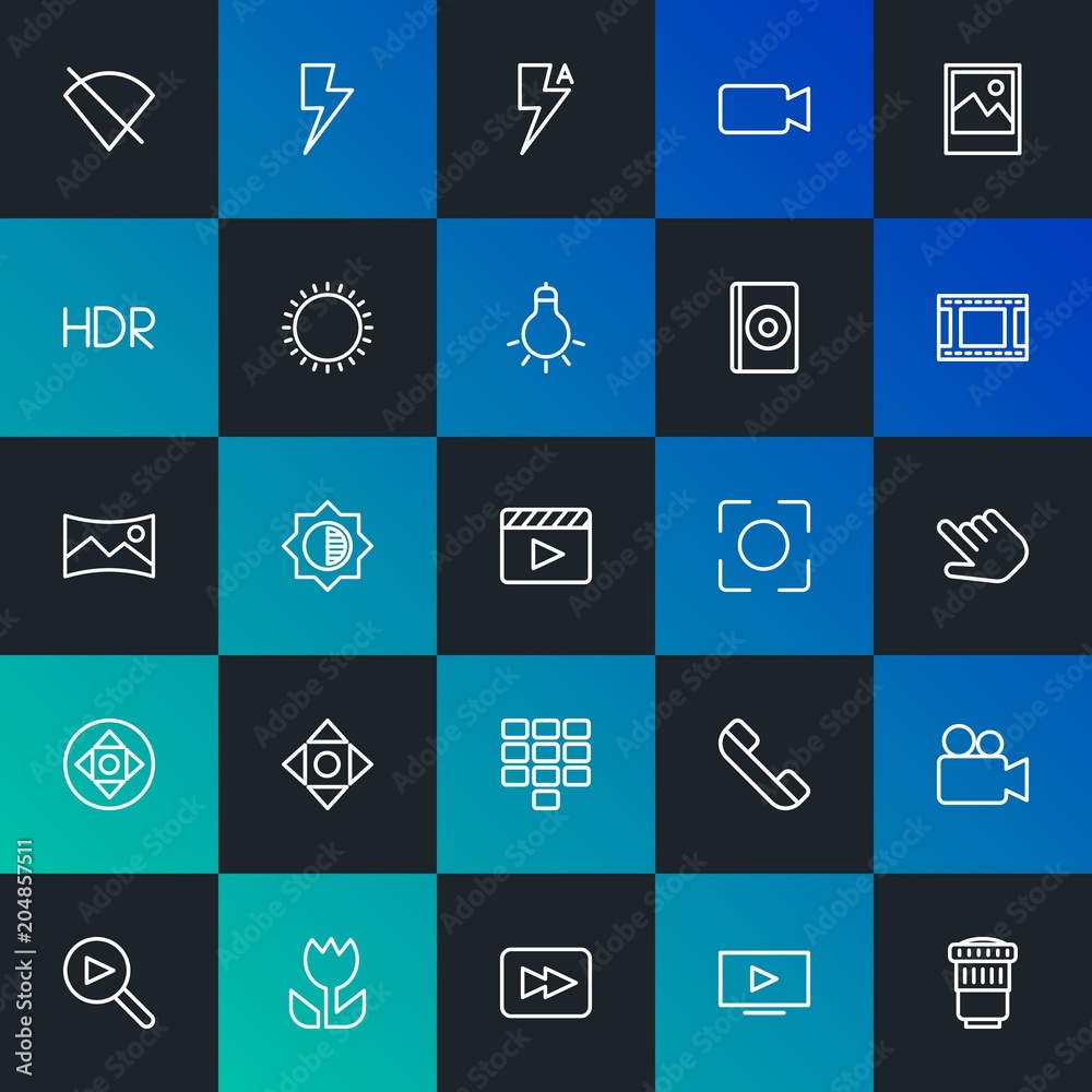 Modern Simple Set of mobile, video, photos, cursors Vector outline Icons. Contains such Icons as  no, dark, hdr,  communication and more on dark and gradient background. Fully Editable. Pixel Perfect.
