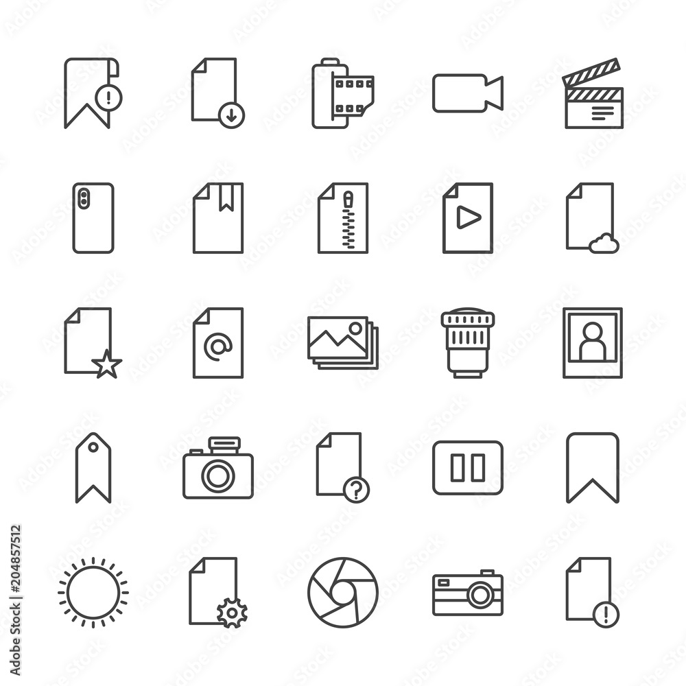 Modern Simple Set of video, photos, bookmarks, files Vector outline Icons. Contains such Icons as  vintage, film,  photography,  error and more on white background. Fully Editable. Pixel Perfect.