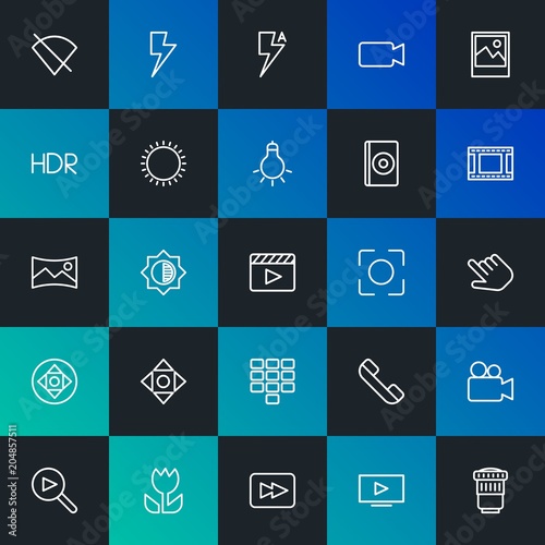 Modern Simple Set of mobile, video, photos, cursors Vector outline Icons. Contains such Icons as  no, dark, hdr,  communication and more on dark and gradient background. Fully Editable. Pixel Perfect.