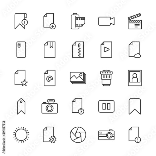 Modern Simple Set of video, photos, bookmarks, files Vector outline Icons. Contains such Icons as vintage, film, photography, error and more on white background. Fully Editable. Pixel Perfect.