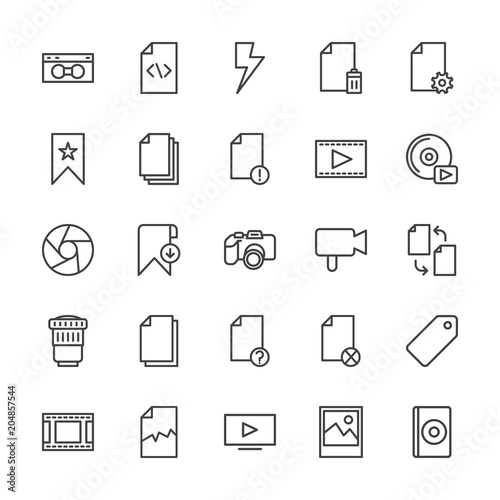 Modern Simple Set of video, photos, bookmarks, files Vector outline Icons. Contains such Icons as favorite, business, compact, bookmark and more on white background. Fully Editable. Pixel Perfect.
