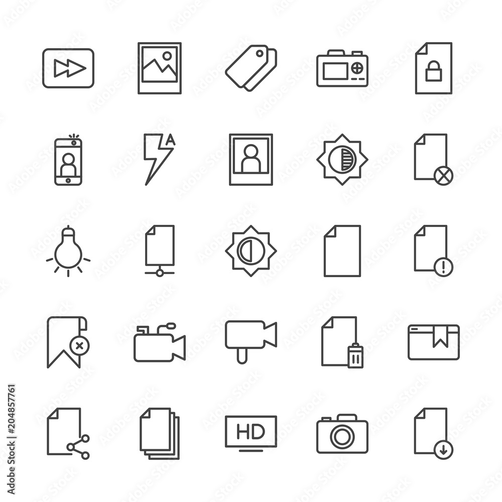 Modern Simple Set of video, photos, bookmarks, files Vector outline Icons. Contains such Icons as  lock,  dslr,  pocket,  quality,  photo and more on white background. Fully Editable. Pixel Perfect.