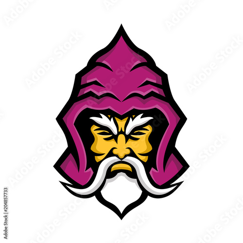 Mascot icon illustration of head of a Wizard, sorcerer or warlock, a practitioner of magic derived from supernatural, occult, or arcane sources viewed from  front done in retro style.