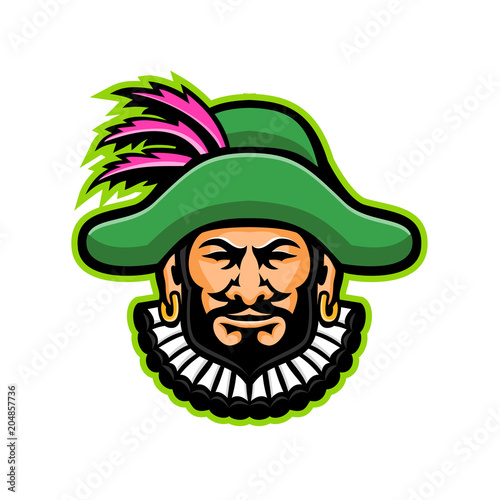 Mascot icon illustration of head of a minstrel, medieval specialist entertainer, singer or musician wearing a hat with feathers viewed from front on isolated background in retro style.